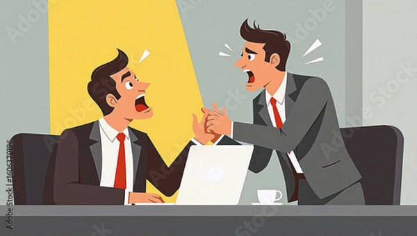 Fototapeta Conflict in the workplace, arguing and fighting, conflict among office worker, employee. Angry argument or disagreement vector illustration. Colleagues having debate or misunderstanding