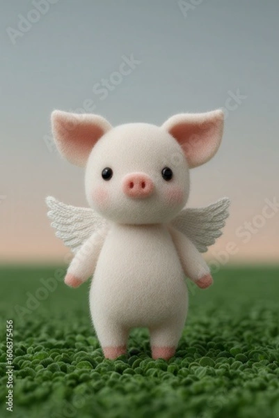 Fototapeta Charming piglet with delicate paper wings frolics in a vibrant meadow at dusk. National When Pigs Fly Day
