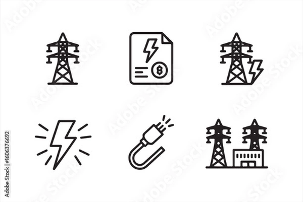 Fototapeta Set of Electricity, Power Tower, and Energy Utility Icons