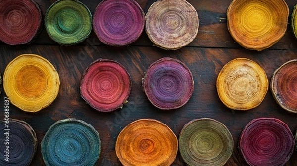 Obraz A colorful flat lay of vegetable chips displayed in concentric circles on a rustic wooden surfac