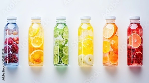 Obraz A colorful gradient of fruit-infused water bottles lined up against a white background. 