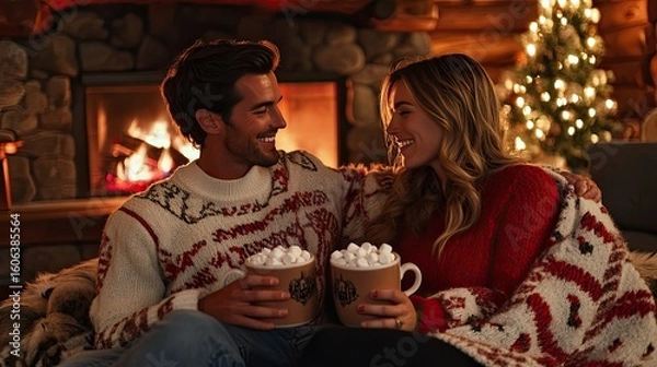 Obraz A couple sharing a blanket by a fireplace, with mugs of hot cocoa and marshmallows in hand