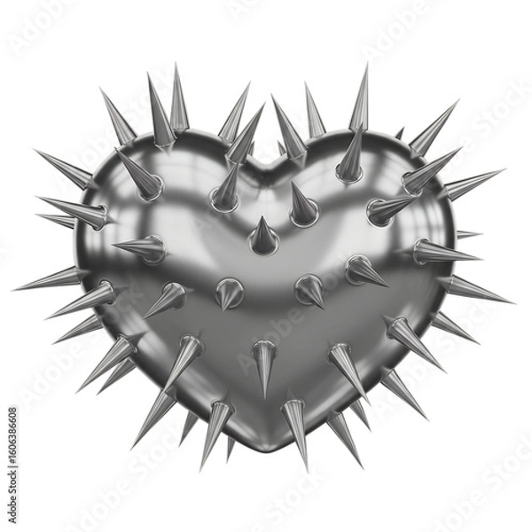 Fototapeta Glossy silver metal heart covered in sharp spikes isolated on a transparent background png, cut out, clipping path, social media, Advertisement, high quality, HD photo, close up,  web, banner, poster.