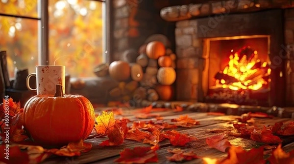 Obraz A cozy autumn scene with colorful fallen leaves, pumpkins, and a warm drink in front of a crackling fire. A cozy autumn scene with fallen leaves, pumpkins, and a warm drink by the fire.
