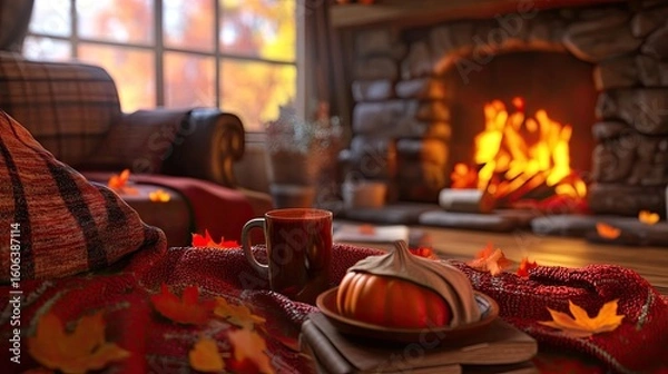 Obraz A cozy autumn scene with colorful fallen leaves, pumpkins, and a warm drink in front of a crackling fire. A cozy autumn scene with fallen leaves, pumpkins, and a warm drink by the fire.
