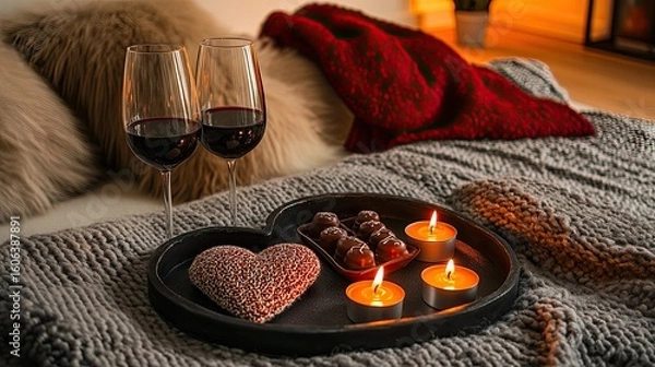 Obraz A cozy setup with a heart-shaped tray holding chocolates, wine glasses, and lit candles.