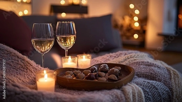 Obraz A cozy setup with a heart-shaped tray holding chocolates, wine glasses, and lit candles.