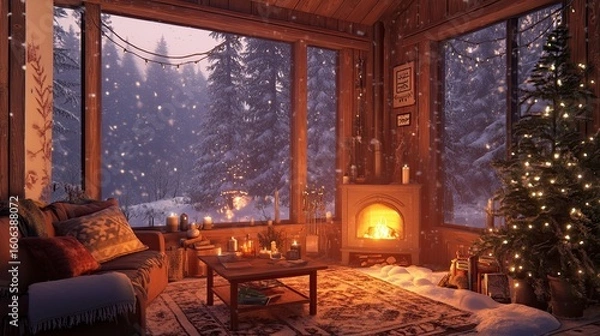 Obraz A cozy winter cabin with a warm fire, snow falling outside, and soft lighting creating a relaxing atmosphere. A cozy winter cabin with a warm fire, snow falling outside, and soft lighting inside