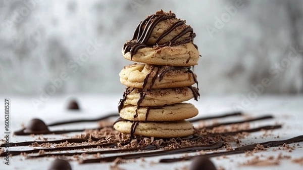 Obraz A creative arrangement of freshly baked cookies stacked in a spiral with melted chocolate drizzles