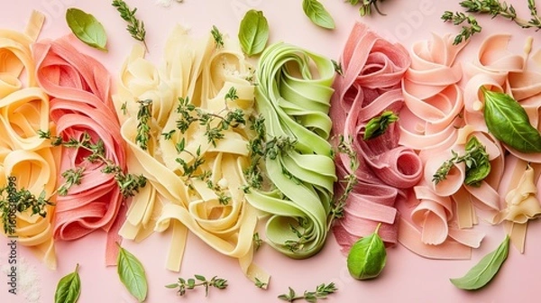 Obraz A creative layout of multicolored pasta in geometric shapes, paired with fresh herbs and sauces