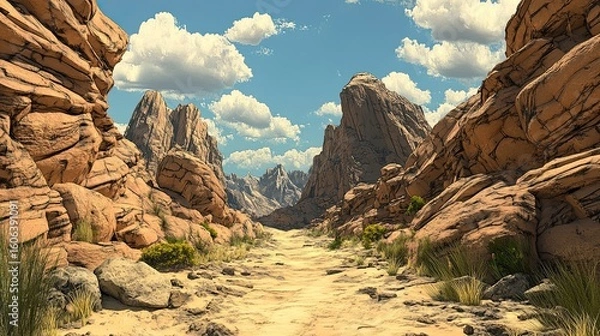 Obraz A deep canyon with jagged cliffs and a winding path leading through the rugged terrain. The deep canyon is flanked by jagged cliffs, with a winding path cutting through the rugged terrain