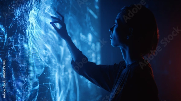 Fototapeta Tech Touch: A person interacts with an ethereal projection, a fusion of technology and human connection, emphasizing the seamless integration of digital and physical realms. 