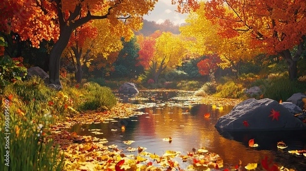 Obraz A colorful autumn scene with a winding river reflecting the golden and red leaves of surrounding trees. The winding river reflects the golden and red autumn leaves of the surrounding trees, 