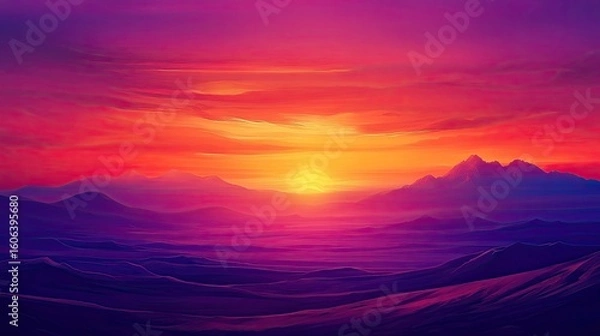Obraz A colorful desert sunset, with vibrant red and orange skies illuminating the barren landscape and distant mountains. The desert is bathed in vibrant colors of red and orange as the sun sets, 