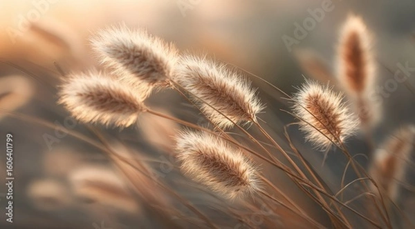 Fototapeta Soft, golden-hued grass seed heads gently sway in a warm, shallow depth of field sunset