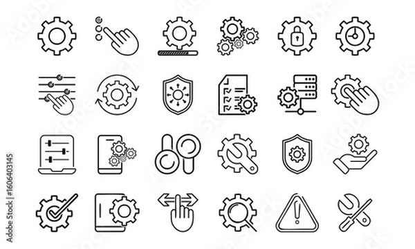 Obraz Thin line icons setup and settings. Includes options, configuration, technology, process, maintenance, installation, engineering, process, customization, optimization. Vector illustration
