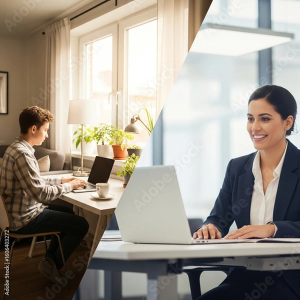 Obraz Modern professional individuals engaged in diverse work environments highlighting flexibility and balance.