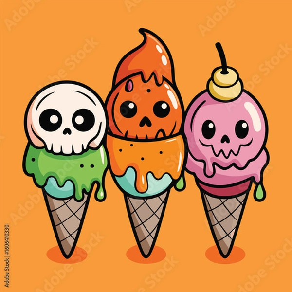 Fototapeta three ice cream cones with Halloween themed scoops.