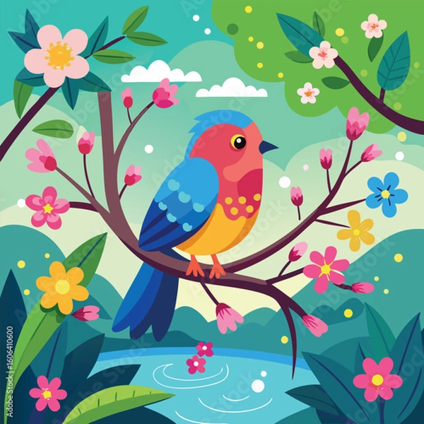 Fototapeta Cute cartoon birds on a tree branch with green leaves and a floral design illustrate the beauty of nature in spring