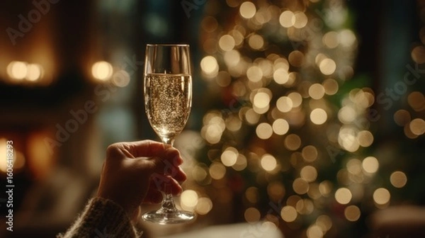 Fototapeta Close-up of a hand holding a glass of sparkling champagne in front of a beautifully lit Christmas tree, with warm festive lights and a cozy holiday atmosphere in the background