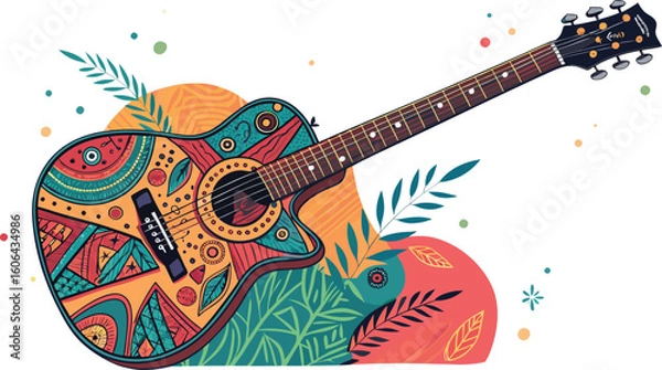 Fototapeta Vibrant acoustic guitar adorned with colorful boho patterns, perfect for music promotion and creative projects.