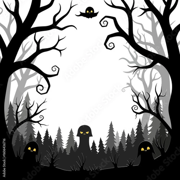 Fototapeta A spooky halloween forest scene with silhouetted trees, ghosts, and glowing eyes