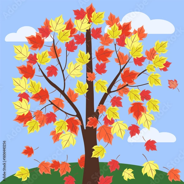 Fototapeta Landscape. Autumn maple tree against the sky, close-up. Vector illustration.