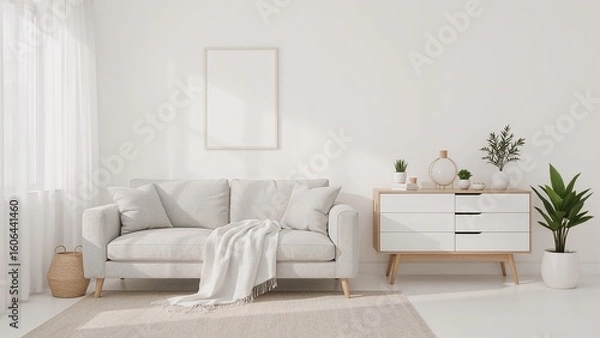 Fototapeta "Serene Minimalist Living Room with Soft Gray Sofa and Natural Light"