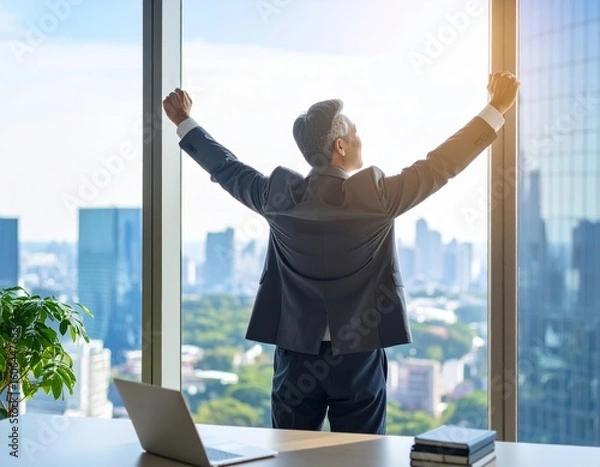 Obraz 窓辺でリラックスするシニアビジネスマン