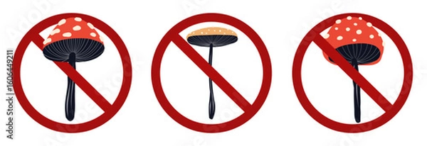 Fototapeta Vector collection with fly agarics with prohibitory signs. Do not touch poisonous mushrooms. Danger of poisoning.