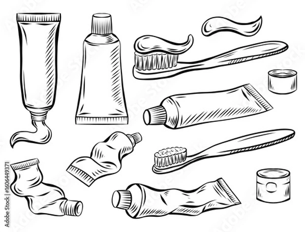Fototapeta Vector set of outline toothbrush, tubes, tooth powder and toothpaste with hatching. Collection of drawing mouth hygiene items