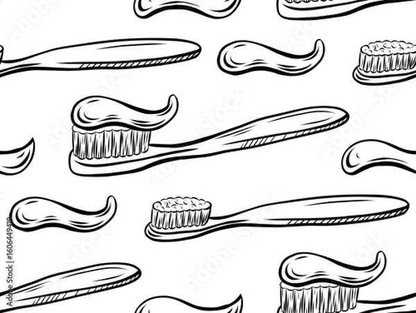 Fototapeta Vector seamless pattern with toothbrushes and toothpaste. Texture with contour drawing of dentist tool for wallpaper and wrapping paper.