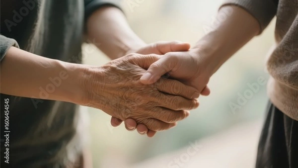 Fototapeta A pair of hands is holding another pair of wrinkled hands, conveying the emotions of companionship, care, and warmth.