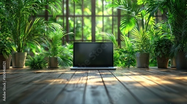 Obraz Laptop in a tropical greenhouse setting, workspace