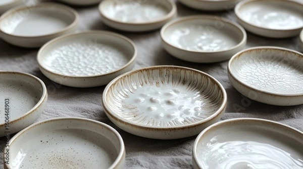Obraz Small white ceramic plates on linen tablecloth.  Possible use kitchenware display or catalog