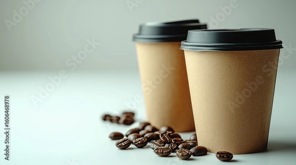 Obraz Two coffee cups, coffee beans, simple, studio shot, on white background, for marketing