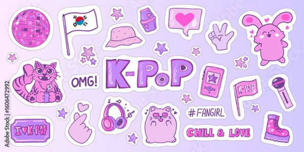 Fototapeta A vibrant collection of K-Pop themed stickers showcasing colorful characters and symbols. The design includes a cat, bunny, microphone, and trendy text elements on a soft pastel backdrop.