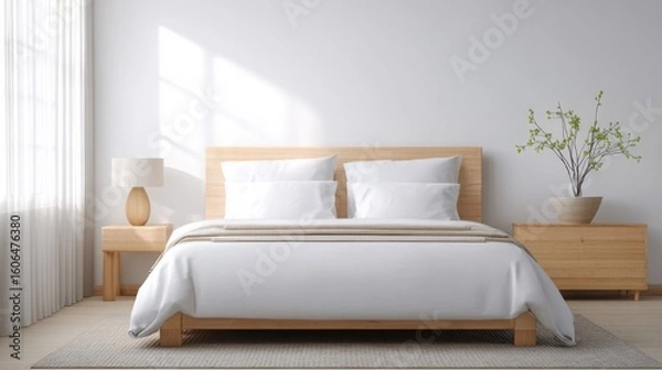 Fototapeta peaceful minimalist bedroom, soft white linens, light wood tones, diffuse morning light, calm atmosphere, clean space 