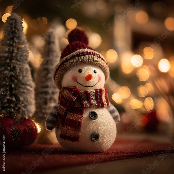 Fototapeta Cozy indoor holiday scene with a cheerful snowman surrounded by Christmas decorations and warm lights creating a festive atmosphere