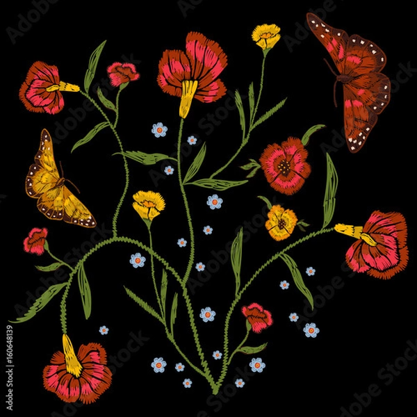 Fototapeta Embroidery floral pattern with poppies and butterflies. Vector traditional native bouquet. Tribal style design for fashion wearing.