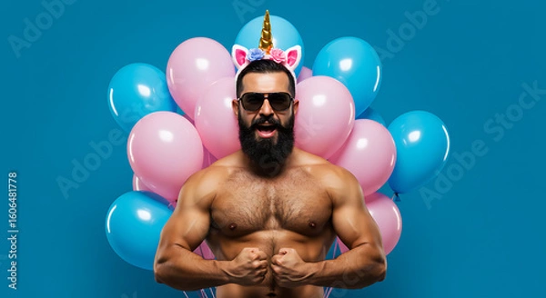 Fototapeta A humorous portrait of a brawny muscle unicorn man with a beard, flexing his biceps in sunglasses at a party with festive balloons.