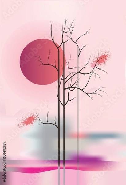 Fototapeta Landscape with trees and a red sun