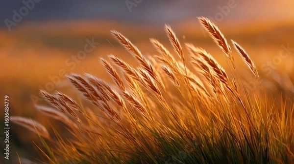 Fototapeta Golden Hour Glow Illuminating Tall Grass Field in Serene Nature Landscape
