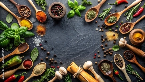 Fototapeta Various spices and herbs are arranged on a dark slate background