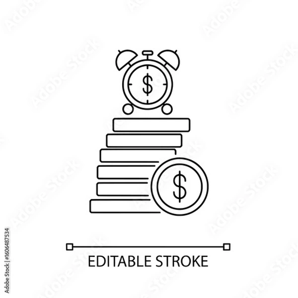 Obraz Outline icon showing an alarm clock on stacked coins with dollar sign icon