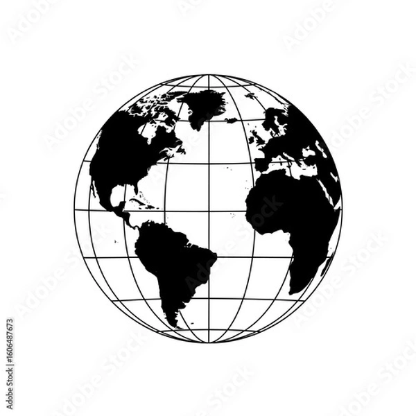 Obraz world map with globe vector icon, Illustration of a world globe with continents shown in black silhouette form