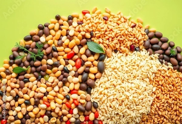 Fototapeta A vibrant mix of whole grains and legumes, including lentils, quinoa, rice, and barley, artfully arranged against a fresh green backdrop,  vegan,  diet