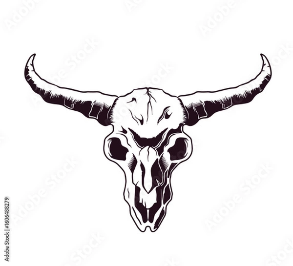 Fototapeta Illustration of buffalo skull in monochrome style. Design element for label, sign, emblem. Vector illustration