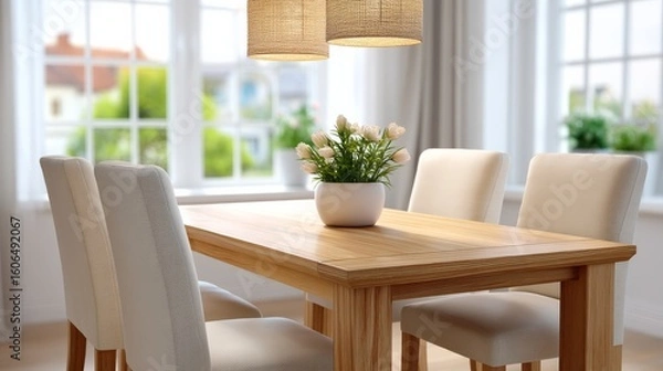 Fototapeta Soft Neutral Dining Room with Wooden Table and White Chairs Under Decorative Pendant Lights