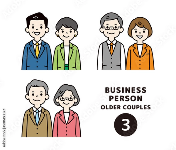 Fototapeta 中高年のビジネスパーソンの男女ペアの、カラフルな上半身イラスト素材セット＿ベクター＿カラー